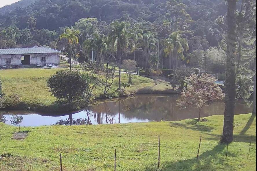 Foto real do sítio: a sede, o lago, palmeiras e a mata ao fundo